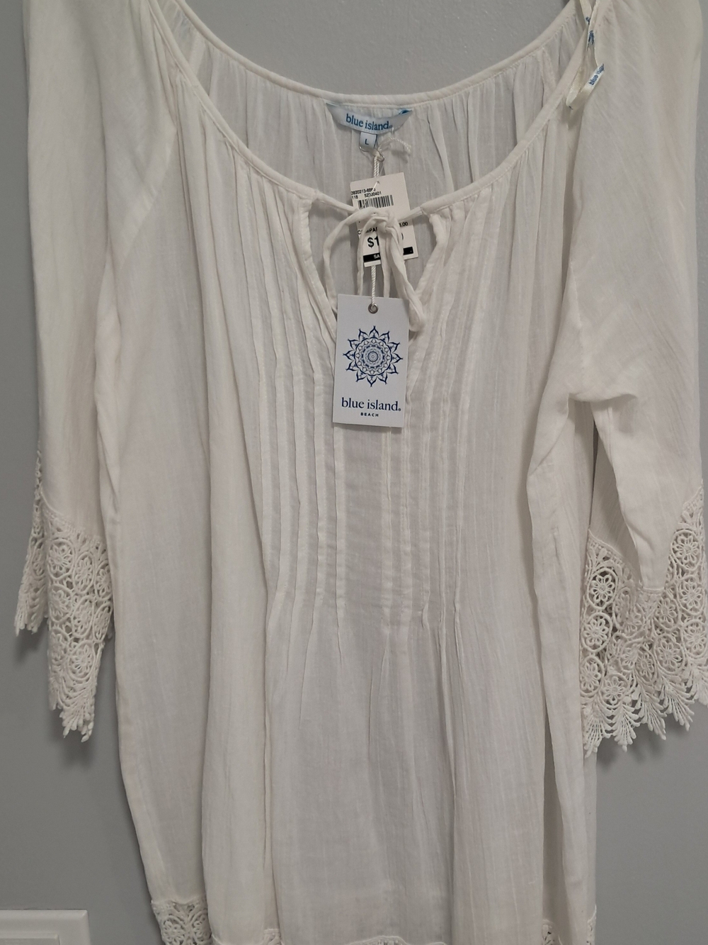 Blue Island White Crinkle Beach Cover-Up Dress with Crochet Trim Sz Large NWT
